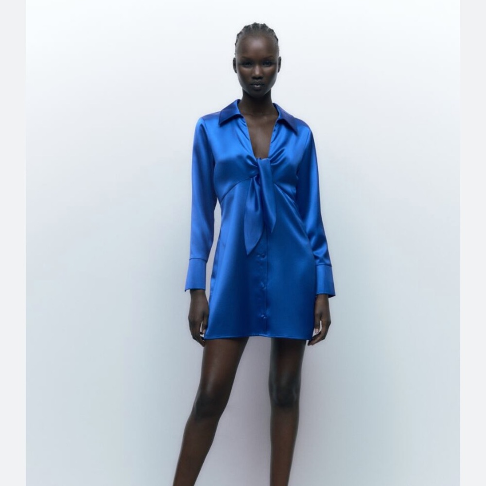Zara cobalt blue satin dress with tie detail mini